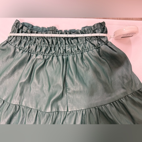 by Anthropologie Faux Leather Tiered Mini Skirt – Deep Sage Green, Size Small - Picture 2 of 5